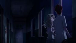 1boy 1girl belt_pouch blonde_hair blue_pants blue_shorts chuo_tanegashima_high_school_uniform closed_mouth collared_shirt dim_lighting door exit_sign from_behind from_side fukuda_tomonori game_cg hair_between_eyes hair_down highres indoors koujiro_frau lace-trimmed_tank_top lace_trim looking_at_another looking_to_the_side loungewear narrowed_eyes night non-web_source official_art on_windowsill pants pouch red_hair robotics;notes school_uniform shirt short_sleeves shorts sidelocks smile tank_top white_shirt white_tank_top windowsill yashio_kaito yellow_eyes