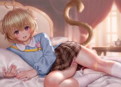1girl ahoge andira_(granblue_fantasy) animal_ears asakuraf blonde_hair blush crossed_bangs erune flat_chest granblue_fantasy hair_between_eyes highres hugging_object indoors kindergarten_uniform loli looking_at_viewer lying monkey_ears monkey_girl monkey_tail on_bed on_side open_mouth panties pillow pillow_hug pink_panties red_eyes shoes skirt smock socks tail underwear uwabaki variant_set