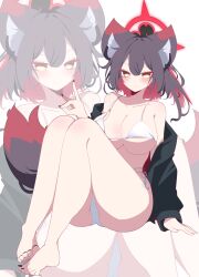 Rule 34 | 1girl, absurdres, alternate hair length, alternate hairstyle, amebrew, animal ear fluff, animal ears, bare legs, bare shoulders, barefoot, black hair, black jacket, black nails, blue archive, blush, breasts, cleavage, closed mouth, colored inner hair, fox ears, fox girl, fox shadow puppet, fox tail, hair between eyes, highres, jacket, large breasts, long hair, looking at another, looking at viewer, multicolored hair, nail polish, no pants, no shirt, red hair, sidelocks, smile, solo, tail, toenail polish, toenails, two-tone hair, wakamo (blue archive), yellow eyes, zoom layer