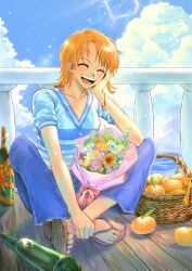 1girl blue_pants blue_shirt blue_sky blush bottle bouquet bracelet breasts cleavage closed_eyes cloud cloudy_sky collarbone crossed_ankles day denim feet flip-flops flower food fruit full_body hand_up highres indian_style jeans jewelry knees_up mandarin_orange medium_breasts medium_hair nami_(one_piece) on_ground one_piece open_mouth orange_hair outdoors pants parted_bangs railing sandals shadow shirt sitting sktkah_7326 sky smile solo striped_clothes striped_shirt toenails toes white_shirt wooden_floor