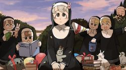 6+girls :&lt; :d :p ^_^ aged_down balloon bird bite_mark book box bucket bunny_nun_(diva) cake cake_slice carrot closed_eyes clumsy_nun_(diva) confetti diva_(hyxpk) duck dusk food froggy_nun_(diva) gift gift_box glasses_nun_(diva) habit hair_ornament hat highres little_nuns_(diva) multiple_girls nun open_mouth outdoors party_hat rabbit_hair_ornament reading ribbon sad sign sky slice_of_life smile spicy_nun_(diva) star_(symbol) star_hair_ornament star_nun_(diva) stone stuffed_animal stuffed_rabbit stuffed_toy stuffed_turtle tongue tongue_out traditional_nun