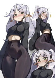 1girl absurdres alternate_costume black_pants black_sweater breasts closed_mouth covered_navel cropped_sweater deko_morii earrings elf floating_earring flying_sweatdrops frieren gluteal_fold green_eyes grey_hair highres jewelry long_hair multiple_views pants pointy_ears simple_background sleeves_past_fingers sleeves_past_wrists small_breasts smile solo sousou_no_frieren sweater twintails white_background yoga_pants