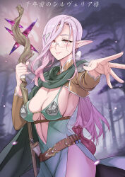 belt bow breasts brown_bag brown_belt brown_shrug closed_mouth dress elf glasses green_dress hair_bow hair_ornament highres holding holding_staff large_breasts light_particles lipstick long_hair long_sleeves looking_at_viewer low_ponytail mage_staff makeup original outdoors pink_hair plunging_neckline pointy_ears ponytail reaching reaching_towards_viewer round_eyewear satou_shouji scroll shrug_(clothing) sidelocks smile staff upper_body variant_set