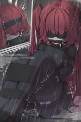 bit_gag black_blindfold blindfold bodysuit bound bound_arms bound_legs breasts chain collar egg_vibrator gag gagged high_heels highres latex latex_bodysuit medium_breasts original red_hair restrained sex_toy sitting twintails user_rnrr3735 vibrator