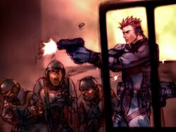 4boys body_armor expressionless firing flinch gun hand_up holding holding_gun holding_weapon hwoarang_(tekken) kawano_takuji male_focus military military_uniform multiple_boys official_art open_mouth orange_hair shell_casing short_hair shouting tekken tekken_4 weapon
