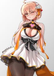 1girl ahoge black_gloves blonde_hair blush bow breasts brown_pantyhose cleavage dress fate/grand_order fate_(series) flower gloves hair_flower hair_ornament heart heart_hands highres large_breasts looking_at_viewer motokebo17 okita_souji_(fate) okita_souji_(fgo_fes._2025)_(fate) one_eye_closed open_mouth pantyhose short_hair short_sleeves yellow_eyes