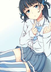 1girl :o basori_tiara black_hair blue_background blue_bow blue_bowtie blue_eyes blue_shirt blue_skirt blue_thighhighs bow bowtie collared_shirt commentary gradient_background hair_ornament hands_up highres index_finger_raised long_sleeves looking_at_viewer make_heroine_ga_oo_sugiru! miniskirt mole mole_on_neck mole_on_thigh mono9ron official_alternate_costume official_alternate_hairstyle pleated_skirt school_uniform shirt shirt_tucked_in short_hair sitting skindentation skirt solo striped_clothes striped_thighhighs summer_uniform thighhighs tsuwabuki_high_school_uniform two_side_up vertical-striped_clothes vertical-striped_thighhighs zettai_ryouiki