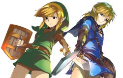 Rule 34 | 2boys, belt, black capelet, black eyes, blonde hair, blue eyes, blue tunic, bright pupils, brown belt, brown gloves, brown pants, brown shorts, brown sleeves, capelet, champion&#039;s tunic (zelda), closed mouth, commentary request, dual persona, earrings, fingerless gloves, gloves, green hat, green tunic, hair tie, hat, holding, holding shield, holding sword, holding weapon, in-franchise crossover, jewelry, layered sleeves, left-handed, link, long sleeves, male focus, multiple boys, nintendo, pants, pointy ears, ponytail, shield, short over long sleeves, short ponytail, short sleeves, shorts, sidelocks, simple background, sparks, sword, the legend of zelda, the legend of zelda: breath of the wild, the legend of zelda (nes), transparent background, tunic, weapon, white pupils, yuuki shin