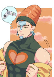 Rule 34 | 1boy, abs, beehive hairdo, black headband, collarbone, commentary request, controller, earrings, facial mark, facial tattoo, forehead mark, game controller, giga omega, green eyes, headband, highres, jacket, jewelry, jojo no kimyou na bouken, male focus, orange hair, pectorals, sleeveless, sleeveless turtleneck, solo, speech bubble, stardust crusaders, tattoo, terence t. d&#039;arby, thought bubble, toned, toned male, turtleneck, upper body, yellow jacket