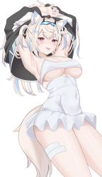 Rule 34 | 1girl, :3, :p, alternate costume, animal ear fluff, animal ears, armpits, arms up, bandaid, bandaid hair ornament, black jacket, blonde hair, blue hair, blue hairband, blue nails, blush, breasts, casual one-piece swimsuit, cleavage, clothing cutout, covered navel, crossed bangs, dog ears, dog girl, dog tail, double-parted bangs, frilled one-piece swimsuit, frills, fuwawa abyssgard, hair between eyes, hair ornament, hairband, hairclip, highres, hololive, hololive english, horn hairband, jacket, large breasts, long hair, looking at viewer, multicolored hair, nail polish, one-piece swimsuit, pink eyes, presenting armpit, simple background, solo, streaked hair, swimsuit, tail, tojo aoi, tongue, tongue out, two side up, underboob, underboob cutout, virtual youtuber, white background, white one-piece swimsuit