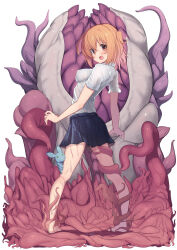 1girl blush breasts brown_eyes brown_hair cover_image covered_erect_nipples highres kohshibasaki medium_breasts medium_hair monster no_bra open_mouth original pleated_skirt shirt skirt tentacles wet wet_clothes wet_shirt white_background white_shirt