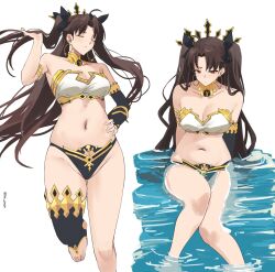 1girl absurdres ahoge bikini breasts brown_hair cleavage collarbone commentary earrings elbow_gloves fate/grand_order fate_(series) gloves gold gold_trim hand_on_own_hip highres hoop_earrings ishtar_(fate) jewelry long_hair medium_breasts mismatched_bikini multiple_views navel neck_ring pinepin pout red_eyes single_elbow_glove single_thighhigh sitting soaking_feet stomach swimsuit symbol-only_commentary thighhighs two_side_up very_long_hair water