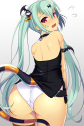 1girl alice_(queen&#039;s_gate) aqua_hair armlet ass bare_shoulders blush choker female_focus hair_ornament highres jewelry kyoku_tou long_hair open_mouth panties queen&#039;s_blade queen&#039;s_gate red_eyes simple_background solo tail twintails underwear very_long_hair white_panties