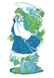 1girl bare_shoulders bell blue_skirt blush bridal_gauntlets closed_eyes closed_mouth collared_shirt detached_sleeves flower frilled_skirt frills frog_hair_ornament from_side full_body green_hair hair_ornament hair_tubes highres hydrangea jingle_bell kochiya_sanae lily_pad loafers long_hair long_sleeves own_hands_together patterned_clothing petticoat print_skirt sagasaga shirt shoes simple_background single_hair_tube single_sidelock skirt skirt_set sleeve_ribbon sleeveless sleeveless_shirt snake_hair_ornament socks solo touhou transparent transparent_umbrella umbrella very_long_hair white_background white_socks wide_sleeves wing_collar
