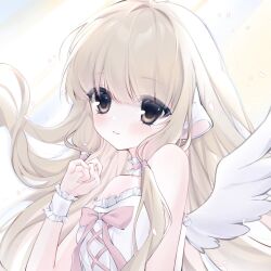 1girl angel_wings blonde_hair bow brown_eyes chii chobits choker cross-laced_clothes cross-laced_top floating_hair frilled_choker frills highres lian_(xhs_id_9607280022) light_blush light_smile long_bangs long_hair looking_at_viewer pale_skin pink_bow robot_ears simple_background sleeveless solo three-toned_background white_wings white_wrist_cuffs wings wrist_cuffs