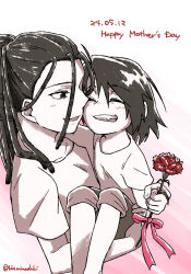 1boy 1girl artist_name black_hair blush carrying carrying_person closed_eyes commentary dated dreadlocks flower fullmetal_alchemist greyscale grin happy_mother&#039;s_day highres holding holding_flower izumi_curtis lin_minaduki mature_female monochrome mother_and_son ponytail red_flower red_rose rose short_hair smile spot_color teeth twitter_username wrath_(fma)