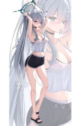 1girl absurdres ahoge alternate_costume animal_ear_fluff animal_ears armpits arms_up bare_legs black_choker black_shorts blue_archive blush breasts broken_halo camisole choker cleavage collarbone commentary crop_top dolphin_shorts extra_ears full_body grey_hair hair_tie hair_tie_in_mouth halo highres large_breasts long_hair looking_at_viewer mouth_hold navel pillarboxed ponytail sandals shiroko_(blue_archive) shiroko_terror_(blue_archive) short_shorts shorts stomach symbol-only_commentary toes tying_hair very_long_hair wgff4824 white_camisole wolf_ears zoom_layer