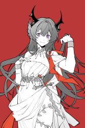1girl arknights arm_up chinese_commentary closed_mouth commentary_request cowboy_shot dress fingernails hair_between_eyes hand_in_own_hair highres horns long_hair looking_at_viewer partial_commentary partially_colored piaoliu_ping_ping_ping_pingzi purple_eyes red_background simple_background smile solo standing surtr_(arknights) wristband