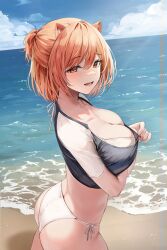 1girl absurdres animal_ears ass beach bikini blush breasts character_request cleavage commentary_request copyright_request from_side highres korean_commentary large_breasts lillly looking_at_viewer looking_to_the_side ocean open_mouth orange_eyes orange_hair outdoors short_hair short_sleeves side-tie_bikini_bottom smile solo swimsuit water white_bikini