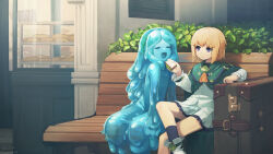 Rule 34 | 2girls, bench, black socks, blonde hair, blue skin, capelet, closed eyes, colored skin, crossed legs, feeding, food, green capelet, highres, holding, holding food, j.h j.h, monster girl, multiple girls, open mouth, original, outdoors, pleated skirt, purple eyes, sandwich, see-through body, sitting, skirt, slime girl, socks, suitcase