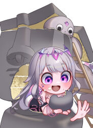 1girl :d absurdres appleblossomtea blush cake chibi chibi_only colored_inner_hair commentary detached_sleeves dress english_commentary food food_on_face gradient_hair grey_hair headpiece highres hololive hololive_english koseki_bijou koseki_bijou_(1st_costume) long_hair looking_at_object moai multicolored_hair open_mouth pebble_(koseki_bijou) pink_hair purple_eyes purple_hair single_detached_sleeve smile strapless strapless_dress very_long_hair virtual_youtuber white_dress