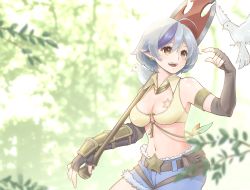 1girl axe belt belt_buckle bird black_gloves blue_hair blue_shorts blush breast_tattoo breasts brown_belt buckle cleavage commentary contrapposto cowboy_shot crop_top dove earrings elbow_gloves fingerless_gloves fur-trimmed_shorts fur_trim gloves grey_hair highres holding holding_axe jewelry kotoharu medium_breasts midriff multicolored_hair navel o-ring o-ring_top open_mouth pointy_ears pouch ragnarok_online ragnarok_origin shirt short_hair short_shorts shorts smile solo star_(symbol) streaked_hair tattoo vambraces white_shirt whitesmith_(ragnarok_online)