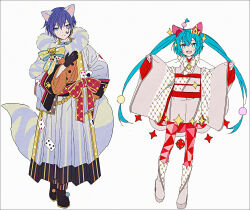 +++ 1boy 1girl :d adapted_costume alice_in_wonderland animal_ear_fluff animal_ears black_boots black_gloves blue_eyes blue_hair blue_hakama boots bow cheshire_cat_(alice_in_wonderland) closed_mouth crown fake_animal_ears fake_tail gloves green_eyes grey_background grey_boots grey_kimono hair_between_eyes hakama hakama_skirt hakusai_(tiahszld) hand_up hatsune_miku heart highres japanese_clothes kaito_(vocaloid) kimono long_hair long_sleeves mini_crown open_mouth orange_kimono pants pinching_sleeves playing_card_theme pop_future_princess_(project_sekai) project_sekai red_bow red_pants revision short_kimono simple_background skirt sleeves_past_wrists smile spade_(shape) standing standing_on_one_leg tail tilted_headwear twintails very_long_hair vocaloid wide_sleeves wonder_magical_showtime!_(project_sekai) wonderlands_x_showtime_kaito wonderlands_x_showtime_miku