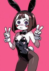 1girl absurdres animal_ear_hairband animal_ears black_bow black_bowtie black_leotard black_pantyhose blue_eyes blush_stickers bow bowtie breasts brown_hair colored_skin detached_collar fake_animal_ears fake_tail gloves hairband highleg highleg_leotard highres leotard multicolored_eyes pantyhose pink_background playboy_bunny pomni_(the_amazing_digital_circus) rabbit_ear_hairband rabbit_ears rabbit_tail red_eyes small_breasts solo strapless strapless_leotard tail the_amazing_digital_circus traditional_bowtie user_jazz4252 white_gloves white_skin wrist_cuffs