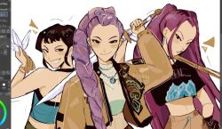3girls art_program_in_frame black_gloves black_hair blunt_bangs braid braided_ponytail commentary cropped_jacket english_commentary gloves hand_on_own_hip holding holding_sword holding_weapon jewelry kpop_demon_hunters mira_(kpop_demon_hunters) multiple_girls necklace purple_hair rumi_(kpop_demon_hunters) sidelocks smile sword twintails upper_body weapon zeffy_artzz zoey_(kpop_demon_hunters)