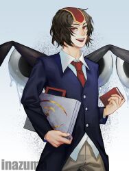 1other androgynous artist_name blue_background blue_coat book briefcase brown_hair brown_pants business_suit buttons chinese_commentary coat coattails collared_shirt commentary_request crying eye_of_senri formal_clothes gradient_background happy headgear highres holding holding_book holding_briefcase kokutenshi_hibaru layered_sleeves len&#039;en logo long_sleeves looking_at_viewer necktie open_mouth other_focus pants red_eyes red_necktie sdz_(inazuma) shirt short_hair simple_background smile solo standing suit tears teeth thick_eyebrows upper_teeth_only v-neck white_background white_shirt wings
