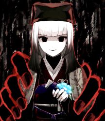 1girl black_eyes black_hair black_hat black_kimono blunt_bangs breasts fate/grand_order fate_(series) ghost_hands giant_hand gradient_hair grey_hair hat japanese_clothes kimono kino_kokko long_sleeves looking_at_viewer medium_hair multicolored_hair obi sash sen_no_rikyu_(fate) sen_no_rikyu_(second_ascension)_(fate) small_breasts smile solo tassel wide_sleeves