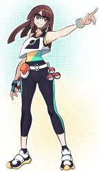 Rule 34 | 1girl, absurdres, belt, black-framed eyewear, black leggings, black socks, blush, bracelet, breasts, brown eyes, brown hair, female protagonist (pokemon champions), fingerless gloves, full body, glasses, gloves, grin, highres, holster, jewelry, leggings, long hair, looking at viewer, missandydandy, nintendo, poke ball, poke ball (basic), pokemon, pokemon champions, semi-rimless eyewear, shirt, shoes, sleeveless, smile, socks, standing