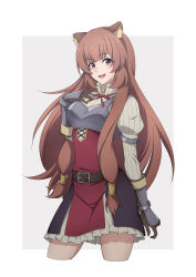 1girl :d absurdres animal_ears armor armored_gloves belt black_dress blunt_bangs border breastplate brown_belt brown_gloves brown_hair commentary_request cowboy_shot cropped_legs dress elbow_gloves eyelashes gloves grey_background high_collar highres long_hair long_sleeves looking_at_viewer metal_hair_tubes neck_ribbon nishizuki_shino open_mouth outside_border pink_eyes pleated_dress raccoon_ears raccoon_girl raphtalia red_dress red_ribbon ribbon simple_background sleeveless sleeveless_dress smile solo standing striped_clothes striped_dress tate_no_yuusha_no_nariagari teeth two-tone_dress upper_teeth_only vertical-striped_clothes vertical-striped_dress white_border white_dress