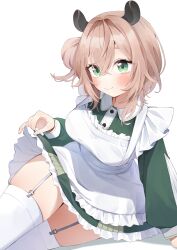 1girl absurdres blush breasts brown_hair dress garter_straps green_dress green_eyes highres indie_virtual_youtuber large_breasts miraru_(miracle) nimi_nightmare simple_background solo thighhighs virtual_youtuber white_background white_thighhighs