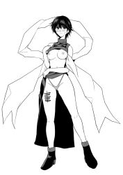 1girl bare_arms bare_legs bare_shoulders breasts clothes_lift cowboy_shot crop_top curvy dutch_angle embarrassed full_body haruhisky highleg highleg_panties houshin_engi leg_tattoo lifting_own_clothes long_eyelashes looking_at_viewer medium_breasts midriff monochrome navel ou_kijin panties pelvic_curtain pelvic_curtain_lift shiny_skin shirt_lift short_hair simple_background sleeveless solo standing sweat tattoo thong underwear white_background wide_hips