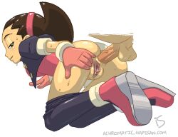 Rule 34 | 1boy, 1girl, all fours, anal, anus, artist name, ass, bad id, bad pixiv id, black jacket, black leggings, blush, blush stickers, breasts, brown hair, clitoral hood, clitoris, erection, from behind, gloves, grabbing own ass, green eyes, hairband, half-closed eyes, happy sex, hetero, jacket, jaggy lines, leggings, leggings pull, light blush, looking back, medium hair, mega man (series), mega man legends (series), open clothes, open jacket, open mouth, penis, pink gloves, pink hairband, pink shirt, profile, puffy short sleeves, puffy sleeves, pussy, rockthebull, sex, sex from behind, shiny skin, shirt, short sleeves, signature, simple background, small breasts, smile, solo focus, spread pussy, sweat, testicles, tron bonne (mega man), veins, veiny penis, watermark, web address, white background