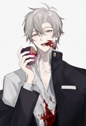 1boy absurdres ameinu apple blood blood_on_clothes blood_on_face collared_shirt eating food fruit gakuran highres holding holding_food holding_fruit jacket long_sleeves looking_at_viewer male_focus open_clothes open_jacket open_mouth original red_eyes school_uniform shirt short_hair teeth tongue upper_body white_background