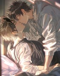 2boys ace_of_diamond bed black_shirt blush brown_eyes brown_hair eye_contact grey_hoodie highres hood hood_down hoodie lifting_another&#039;s_clothes looking_at_another male_focus mask_lift miyuki_kazuya multiple_boys on_bed parted_lips pillow sato_(sato_1_11) sawamura_eijun shirt short_hair sideburns sleep_mask yaoi