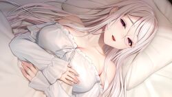 1girl bare_shoulders bed_sheet breasts game_cg highres large_breasts long_hair lying masami_chie mel_(ningen_fushin_no_renkinjutsushi_to_moto_heishi_no_homunculus) ningen_fushin_no_renkinjutsushi_to_moto_heishi_no_homunculus non-web_source on_back on_bed open_mouth pale_skin pillow purple_eyes smile very_long_hair white_hair