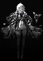 :| ahoge black_background black_theme closed_mouth commentary dress drone expressionless full_body grey_dress grey_eyes hair_between_eyes hair_ornament hair_over_one_eye highres long_hair long_sleeves looking_at_viewer monochrome no._21:_xxi_(pgr) no._21_(pgr) non-humanoid_robot punishing:_gray_raven robot shoes sleeves_past_fingers sleeves_past_wrists solo spot_color standing tuda6 white_hair x_hair_ornament