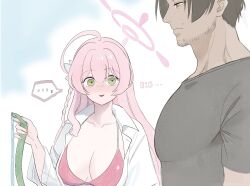 ... 1boy 1girl ahoge beard bikini blue_archive breasts cleavage dark-skinned_male dark_skin ekoru facial_hair girl_staring_at_guy&#039;s_chest_(meme) halo hanako_(blue_archive) hanako_(swimsuit)_(blue_archive) highres holding holding_hose hose huge_ahoge large_breasts long_braid looking_at_another meme open_clothes open_shirt pink_hair red_bikini sensei_(blue_archive) shirt spoken_ellipsis staring swimsuit upper_body white_shirt