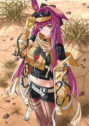 1girl animal_ears arknights arm_at_side arm_up black_shirt black_shorts blue_eyes blue_hair brown_pantyhose closed_mouth commentary day expressionless feet_out_of_frame gloves highres ikutachi long_hair midriff multicolored_hair navel outdoors pantyhose pebble pink_hair plant ray_(arknights) rock shirt short_shorts shorts single_ear_down solo standing streaked_hair visor_cap yellow_gloves