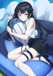 1girl absurdres bare_shoulders black_hair black_shoes black_skirt blue_hair braid brown_eyes cetacean_tail couch earrings fins fish_tail freely2327 half_up_braid high_heels highres hugging_object indie_virtual_youtuber jewelry long_hair looking_at_viewer lying mascot miniskirt mole mole_under_eye multicolored_hair on_couch on_side pillow shirt shoes skirt smile solo stuffed_animal stuffed_toy tail thigh_strap virtual_youtuber white_shirt yona_(iotayona)