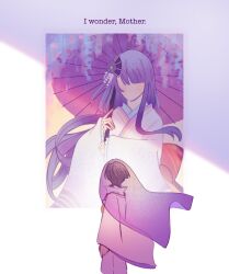 Rule 34 | 1boy, 1girl, alphastroo, aunt and nephew, black hair, blunt bangs, blunt ends, english text, faceless, faceless female, fan hair ornament, feathers, flower, frilled sleeves, frills, genshin impact, gold trim, hair flower, hair ornament, han&#039;eri, highres, japanese clothes, kariginu, kimono, layered sleeves, long hair, long sidelocks, long sleeves, makoto (genshin impact), obi, oil-paper umbrella, pom pom (clothes), purple flower, purple hair, purple kimono, purple sleeves, purple veil, sash, scaramouche (genshin impact), scaramouche (kabukimono) (genshin impact), see-through clothes, see-through veil, sidelocks, single sidelock, string, swept bangs, umbrella, veil, very long hair, wide sleeves, yellow feathers