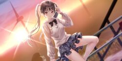 Rule 34 | 1girl, azumi nanaka, bare legs, black bow, black bowtie, blue reflection (series), blue reflection sun, blue skirt, blush, bow, bowtie, breasts, brown eyes, brown hair, closed mouth, diffraction spikes, dutch angle, evening, game cg, gradient sky, hand up, highres, kishida mel, long hair, long sleeves, looking at viewer, medium breasts, non-web source, official art, on railing, orange sky, outdoors, plaid clothes, plaid skirt, pom pom (clothes), purple sky, railing, ribbed sweater, sitting, skirt, sky, smile, solo, sun, sweater, swept bangs, twintails, very long hair, white sweater, windmill, yellow sky
