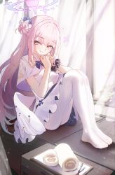 1girl angel_wings blue_archive cake capelet curtains dress food hair_bun halo highres long_hair looking_at_viewer low_wings majo_(pastamajo) mika_(blue_archive) pantyhose pink_hair pink_halo scrunchie short_sleeves single_side_bun sitting solo swiss_roll white_capelet white_dress white_pantyhose wings wrist_scrunchie yellow_eyes