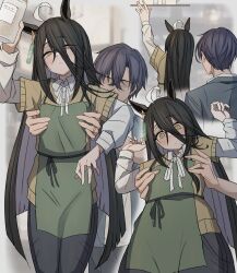 1boy 1girl :&lt; absurdres ahoge apron arm_up arms_up bare_shoulders barista black_hair black_pants blush collared_shirt ear_tag earrings green_apron grey_hair grey_jacket half-closed_eyes height_difference highres holding holding_jar husband_and_wife jacket jar jewelry layered_sleeves leogust lifting_person long_hair long_sleeves looking_at_another manhattan_cafe_(umamusume) multicolored_hair neck_ribbon no_eyes pants reaching ribbon ring shelf shirt short-sleeved_sweater short_hair short_over_long_sleeves short_sleeves single_earring sweater textless_version torso_grab trainer_(umamusume) umamusume variant_set very_long_hair white_hair white_ribbon white_shirt yellow_eyes yellow_sweater