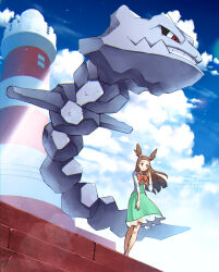 1girl bow bowtie brown_hair closed_mouth cloud commentary_request creatures_(company) day dress floating_hair from_below game_freak gen_2_pokemon green_dress hair_bobbles hair_ornament hand_up highres jacket jasmine_(pokemon) knees lighthouse long_hair meiji_ken nintendo orange_bow orange_bowtie outdoors pokemon pokemon_(creature) pokemon_hgss sky stairs standing steelix two_side_up white_jacket