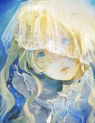 1girl absurdres blonde_hair blue_background blue_eyes closed_mouth highres long_hair looking_at_viewer orie_h original see-through_clothes see-through_veil solo veil