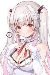 1girl bare_shoulders breasts bridal_gauntlets cleavage closed_mouth commentary_request daysss dress elbow_gloves flower gloves gradient_hair grey_hair hair_flower hair_ornament hands_on_own_chest headgear heart highres impossible_clothes impossible_dress indie_virtual_youtuber long_hair looking_at_viewer medium_breasts multicolored_hair neck_ribbon pink_hair ribbon sidelocks simple_background smile solo spoken_heart suou_patra suou_patra_(10th_costume) twintails upper_body virtual_youtuber white_background white_dress white_gloves